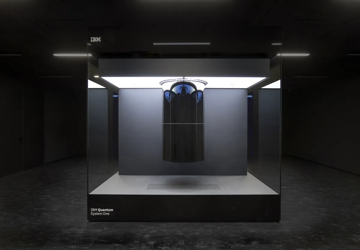 IBM Quantum System One installed at the Fraunhofer Institute; the world's first circuit-based commercial quantum computer, inside its airtight glass enclosure